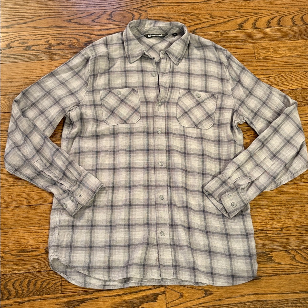 Travis Mathew Men's Blue & grey Button-Up light flannel Shirt, L